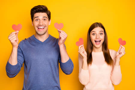 Portrait of excited crazy two married celebrate 14-february hold small paper card hearts scream wow...