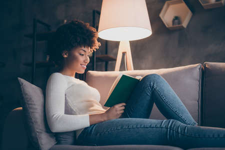Photo of attractive dark skin curly lady holding favorite historic novel reading excited lying cozy couch wear casual sweater jeans outfit evening living room indoorsの写真素材