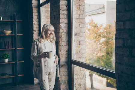 Portrait of her she nice attractive lovely cheerful dreamy gray-haired blond middle aged granny...