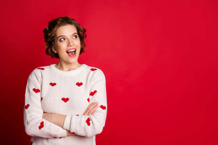 Portrait of surprised crazy girlfriend look copy space see wonderful 14-february sales discounts...