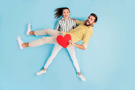 Top view above high angle flat lay flatlay lie concept full length body, size view of nice cheery...