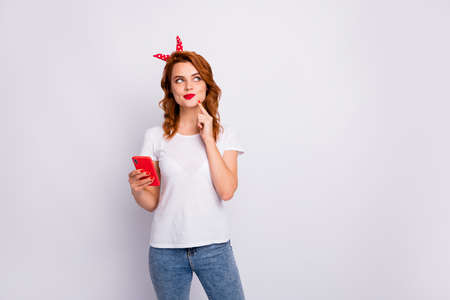 Portrait of her she nice-looking attractive lovely pretty bewildered curious girl using digital...