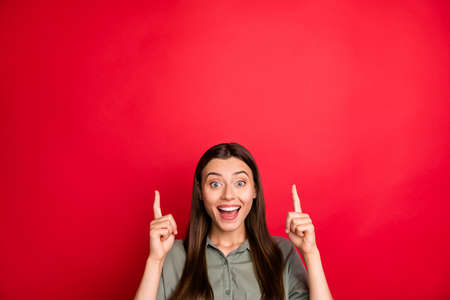 Portrait of her she nice attractive ecstatic cheerful cheery straight-haired girl pointing...