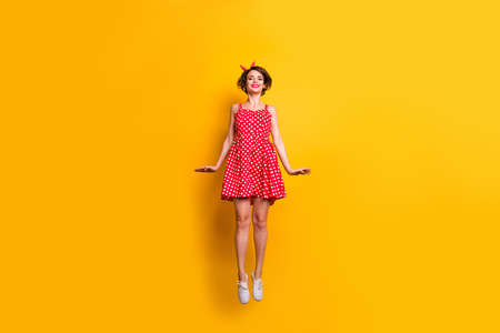 Full size photo of nice pretty girl jump enjoy spring free time holiday wear good look skirt...