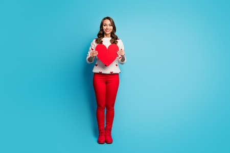 Full length body size view of nice attractive lovable cheerful cheery tender dreamy girl wearing...