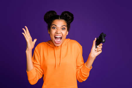 Portrait of her she nice attractive crazy overjoyed cheerful brunette girl wearing hoody playing...