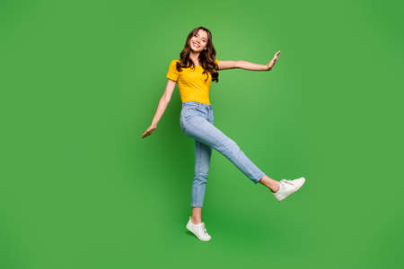 Full length body size view of her she nice attractive lovely charming cheerful cheery girlish...