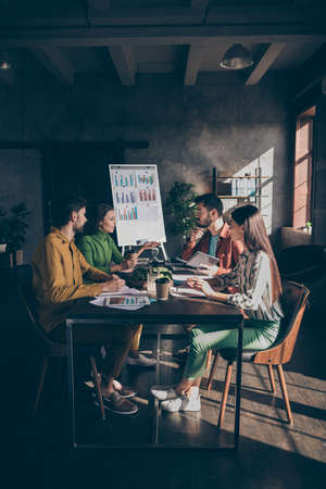 Experience group student people gather big dark office workstation sit desk table partners ceo...