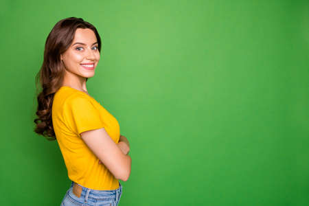 Profile side view portrait of nice attractive lovely lovable charming pretty, cheerful cheery...