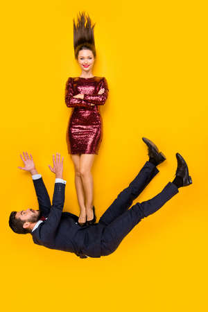 Who run world. Girls. Top above high angle view full length photo two people, joy woman cross hands...