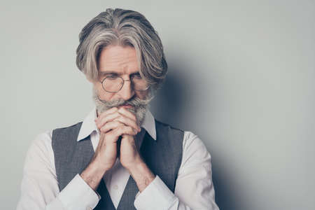 Close up photo of minded serious old man think thoughts feel worried, look wear stylish clothing...