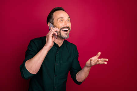 Close-up portrait of her she nice attractive glad cheerful cheery brunette man calling home...