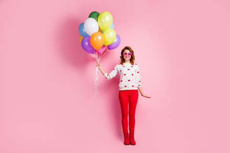 Full length body size view of her she nice attractive lovely cheerful cheery dreamy wavy-haired girl...