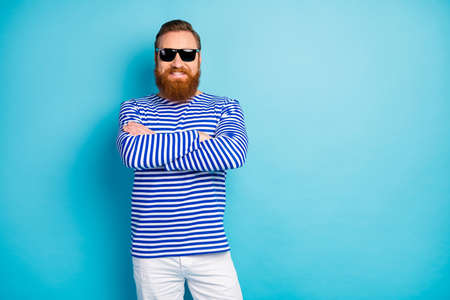 Portrait of imposing attractive optimistic man cross hands enjoy spring rest relax holidays look...