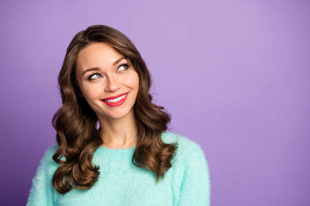 Closeup photo of funny cheerful curly lady dreamer looking empty space remember last romantic date...