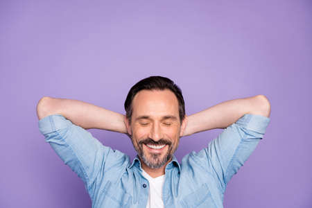 Top above high angle view photo of positive peaceful man have relax rest sleep asleep feel glad...