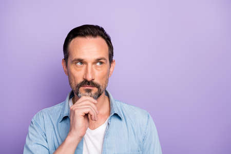 Close up photo of minded man feel pensive emotion think work thoughts look copyspace touch chin...