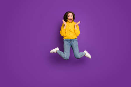 Full length body size photo of ecstatic overjoyed woman in jeans denim unable to believe in sales...