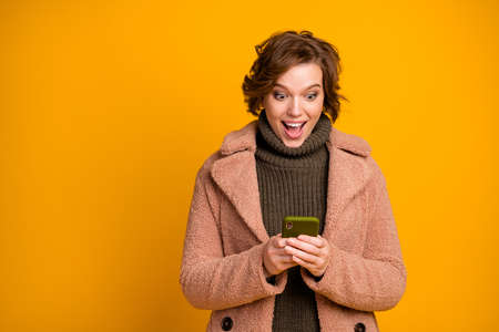 Photo of crazy lady hold telephone read sms boyfriend romantic date invitation wear casual modern...