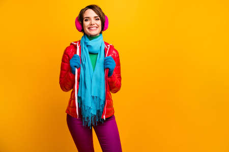 Photo of pretty traveler lady enjoy amazing winter day ready for walk wear stylish casual red...