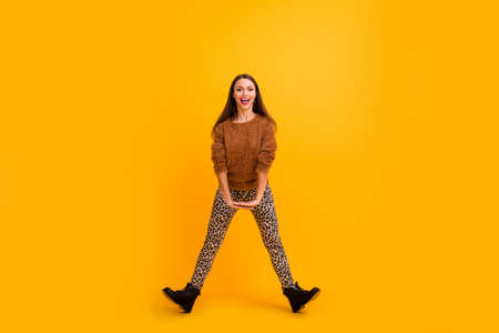 Full length photo of crazy funky lady jumping up high party cheerful mood weekend rejoicing funny...