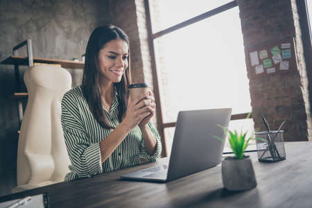 Close-up profile side view portrait of nice attractive cheerful successful lady company owner...
