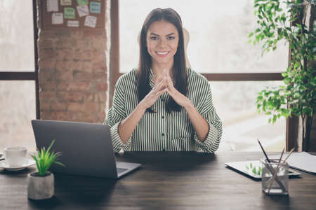Portrait of her she nice attractive confident cheerful lady successful shark expert researcher recruiter looking for new members at modern industrial brick loft interior style work place stationの写真素材
