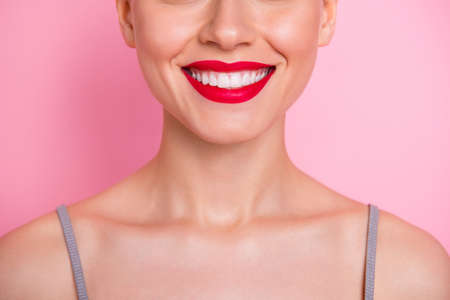 Close up cropped photo of cheerful girl visit dental medical clinic have implantology procedure...