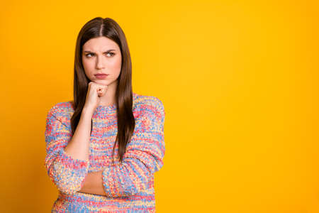 Portrait of minded interested girl think thoughts decide decisions choose choice want find answer...