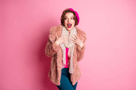 Portrait of crazy french girl point herself impressed look copyspace win winner black friday sales lottery scream unbelievable unexpected wear dotted shawl isolated pink color backgroundの写真素材
