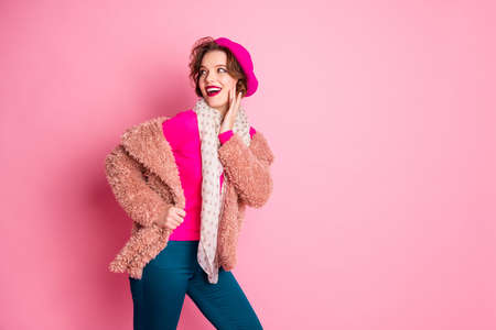 Portrait of lovely girlish girl coquette enjoy winter holidays attract boyfriend touch hands cheeks...