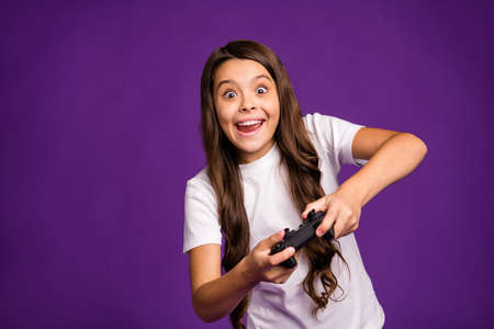Close-up portrait of her she nice attractive lovely crazy cheerful cheery wavy-haired girl playing...