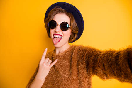 Self-portrait of her she nice-looking attractive lovely glad cheerful cheery naughty girl showing...