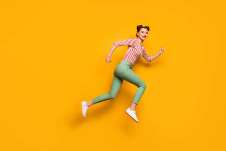 Full length photo of pretty lady jumping high rushing low prices sales shopping center wear red...