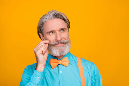 Closeup photo of cool clothes trendy white haired handsome grandpa look dreamy empty space curling...