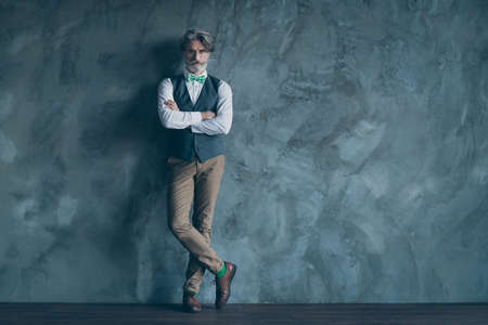 Full size photo of macho senior business man neat beard seriously look arms crossed wear specs shirt waistcoat pants green tie socks shoes isolated concrete grey color wall backgroundの写真素材