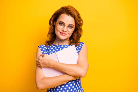 Photo of beautiful pretty wavy lady hold hands close to chest personal diary write secrets adorable...