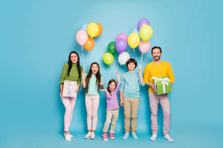 Full length body size view of nice attractive lovely cheerful big full family holding in hands...