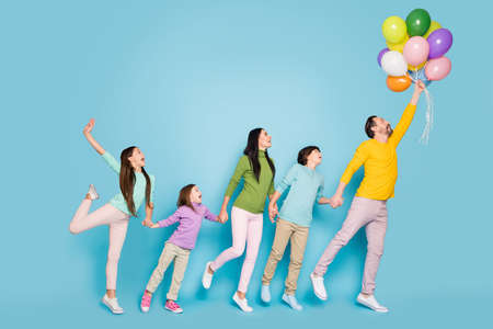 Full length body size view of nice attractive lovely dreamy cheerful big full adopted family having...