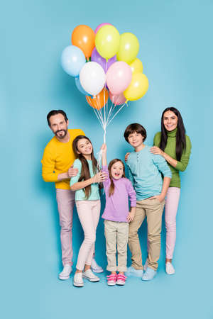 Vertical full length body size view of nice attractive cheerful big full adopted family having fun...