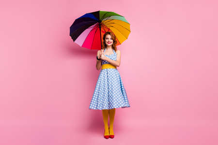 Full size photo positive sweet lovely nice lady fifties lifestyle hold bright parasol enjoy weather...