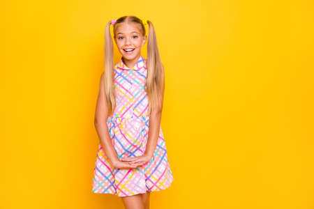 Photo of funny beautiful small lady good mood pretty long tails hairdo flirty girlish shy person...