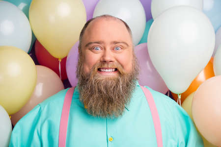 Portrait of candid funny funky crazy man with big abdomen belly enjoy celebration anniversary...