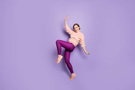 Full body photo of pretty funky lady dancing strange modern moves disco party students raise hands...