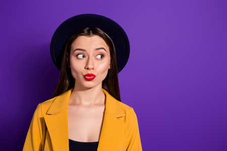 Close up photo of pretty elegant girl visit luxury evening meeting, look copyspace dream dreamy wear velvet headwear stylish clothes isolated over purple color backgroundの写真素材