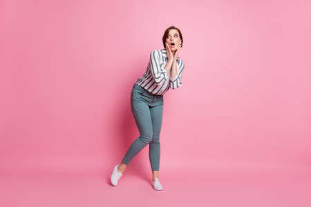 Full size photo of funny youth girl stare copy space incredible black friday novelty impressed open mouth scream wow omg wear stylish outfit isolated over pink color backgroundの写真素材