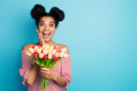 Photo of funny shocked dark skin lady hold big tulips bunch blossom birthday surprise open mouth hand on cheek wear striped red white off-shoulders blouse isolated blue color backgroundの写真素材