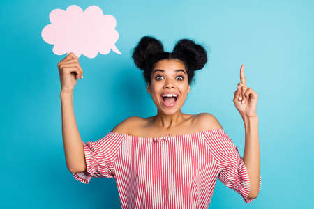 Photo of pretty funky dark skin lady hold empty paper cloud raise finger have creative speech...