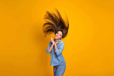 Photo of pretty amazing nice lady hairdo flying good mood presenting groomed neat long curls wear...