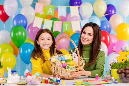 Portrait of nice attractive lovely creative cheerful cheery girls preparing handicraft artwork...